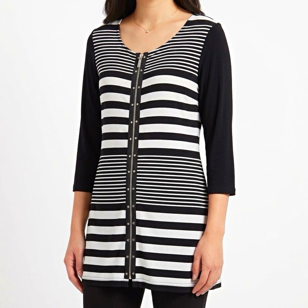 Max & Rina Black White Striped Tunic sz L Stud Zipper Detail Business Casual